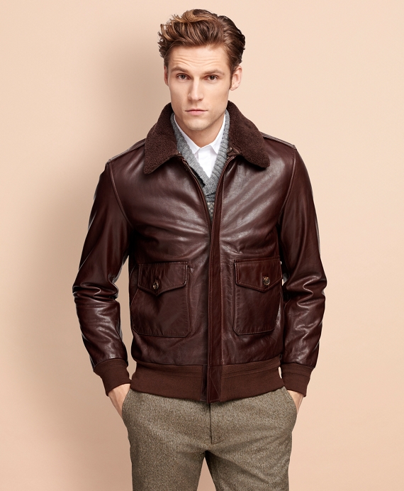Men's Brown Leather Bomber Jacket | Brooks Brothers