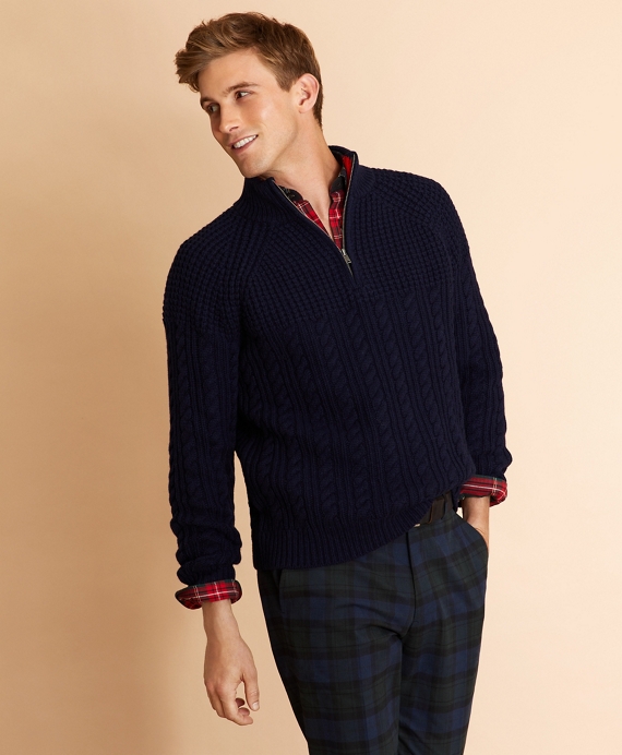 Half-Zip Merino Wool Cable-Knit Sweater - Brooks Brothers