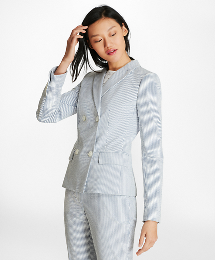 Striped Stretch-Cotton Seersucker Double-Breasted Jacket
