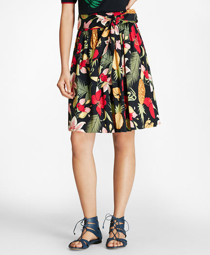 Tropical-Print Stretch Cotton Poplin Skirt
