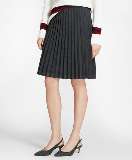 Flocked Polka Dot Twill Pleated Skirt