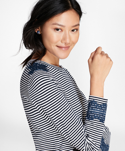 Lace-Trimmed Striped Long-Sleeve T-Shirt