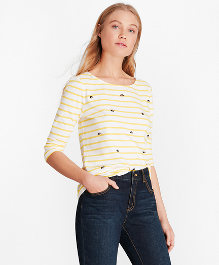 Crystal-Embellished Striped Three-Quarter-Sleeve T-Shirt