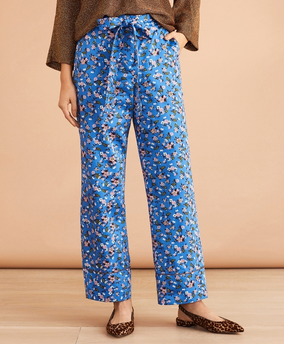 Floral-Print Cotton Sateen Cropped Wide-Leg Pants Blue-Multi