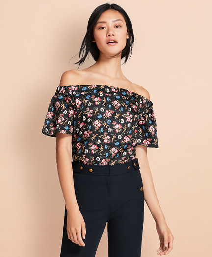 Floral-Print Cotton Sateen Off-the-Shoulder Top