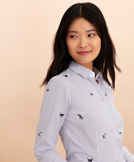 Cat-Embroidered Striped Cotton Poplin Shirt