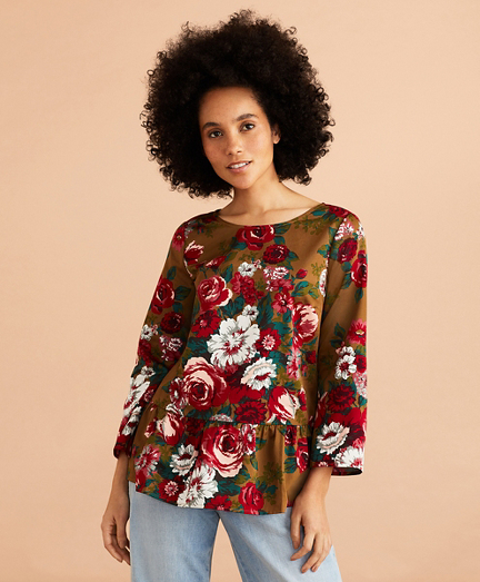 Floral-Print Cotton Sateen Peplum Top - Brooks Brothers