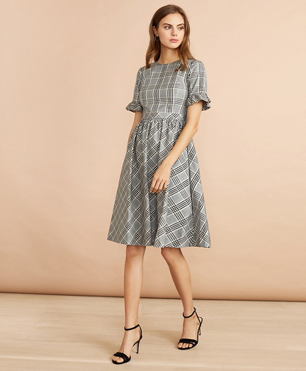 Tartan Ruffled Elbow-Sleeve Dress