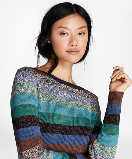 Shimmer-Stripe Rib-Knit Sweater