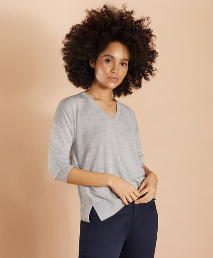 Merino Wool Pointelle-Detail V-Neck Sweater