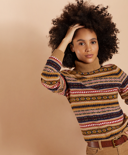 Stretch Merino Wool Fair Isle Turtleneck Sweater