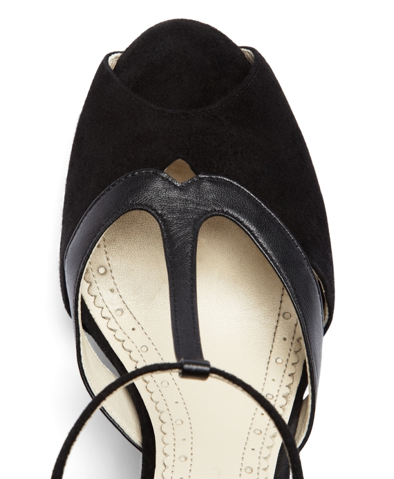 Women's Black Calfskin and Suede Peep Toe T-Strap Heels | Brooks Brothers