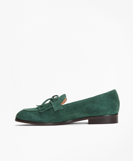 green suede loafers