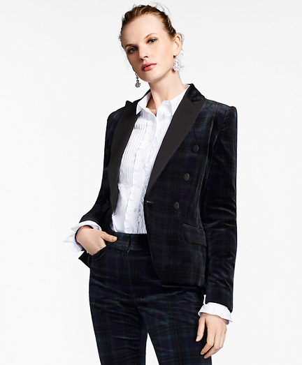 Black Watch Stretch-Cotton Velvet Double-Breasted Jacket