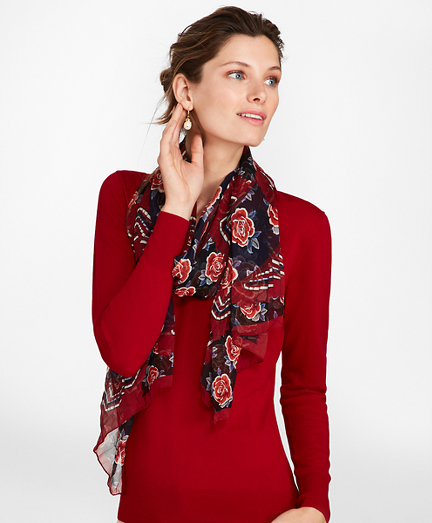 Rose-Print Silk Chiffon Oblong Scarf