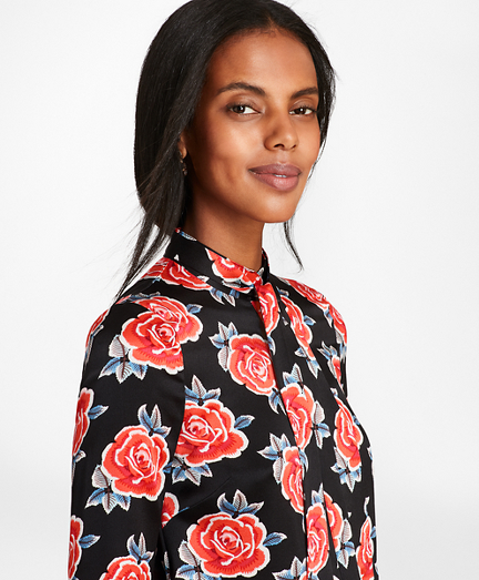 Rose-Print Silk Satin Bow-Neck Blouse