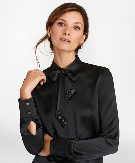 Beaded Bow-Neck Silk-Satin Blouse | Brooks Brothers