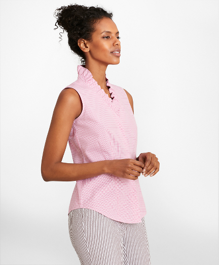 Non-Iron Checked Cotton Poplin Ruffle-Collar Sleeveless Blouse