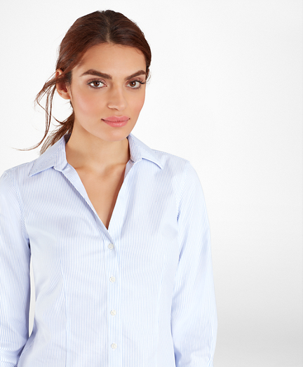 Non-Iron Tailored-Fit Striped Three-Quarter-Sleeve Supima&reg; Cotton Stretch Shirt