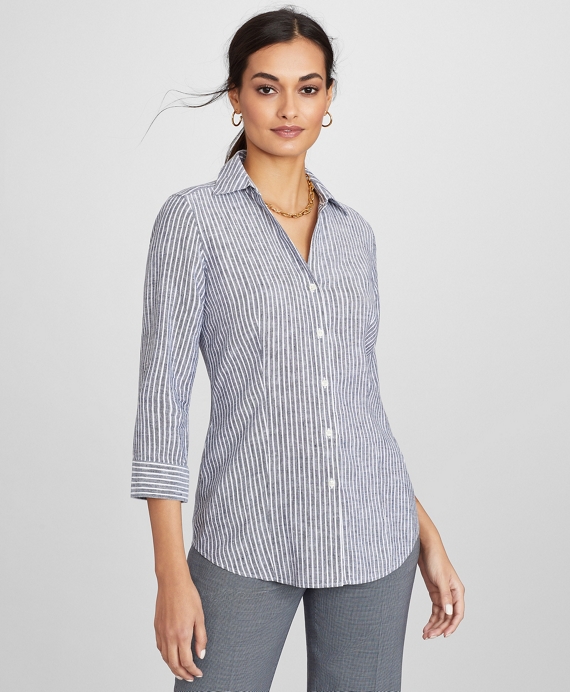 Striped Linen Three-Quarter-Sleeve Shirt - Brooks Brothers