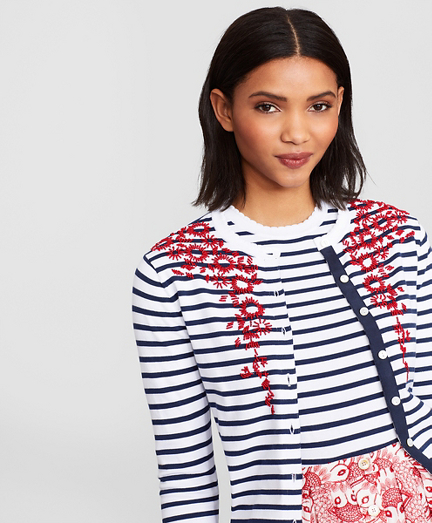 Floral-Beaded Striped Cardigan