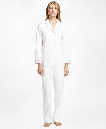 Women's White Pajamas with Pink Piping 